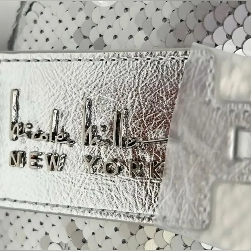 NWT Nicole Miller Silver Sequin Vegan Leather Small HOBO Shoulder Purse Handbag